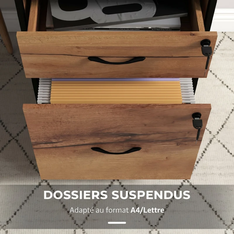 Vinsetto Caisson bureau mobile avec 2 tiroirs, meuble rangement bureau sur roulettes avec barres pour dossiers, marron
