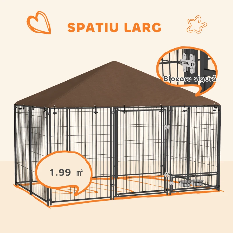 PawHut Țarc pentru câini din metal și material Oxford cu ușiță pentru boluri, 211x141x151 cm, negru și maro