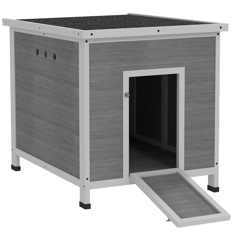 PawHut Eendenstal, Eendenhuis met Zijdeur, Ventilatiegaten, Pluimveestal Kippenhuis van Dennenhout, Ganzestal, Kippenstal met Waterdicht Asfaltdak, 63 x 82 x 76 cm, Lichtgrijs(m-10)