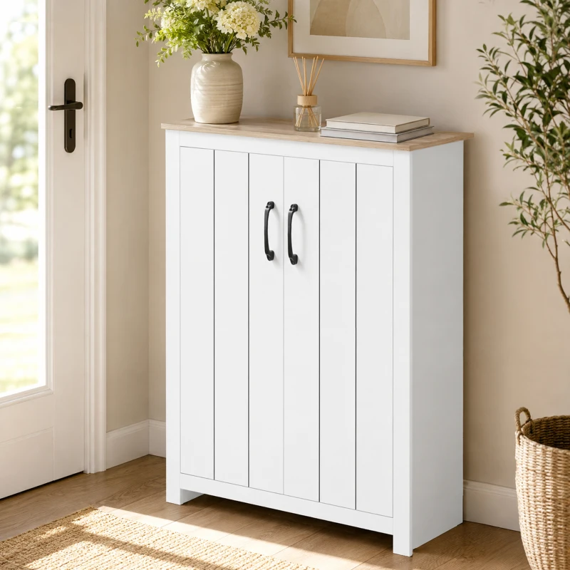 HOMCOM Dulap pentru pantofi 4 niveluri 12 perechi Dulap pentru pantofi 2 uși și rafturi reglabile 80x32,8x105cm Stejar și Alb