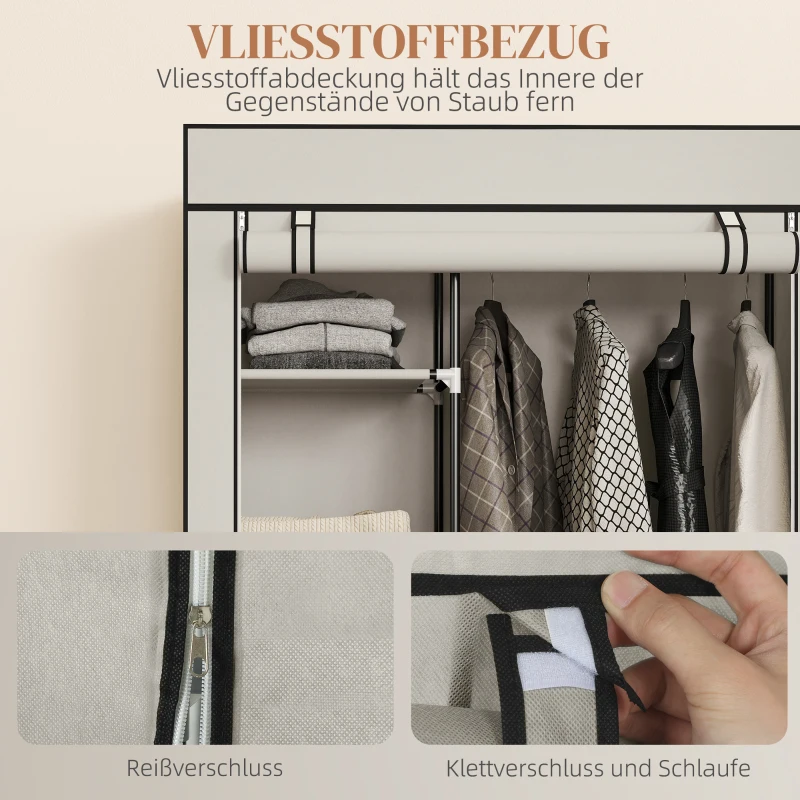 HOMCOM Stoffen kast, opbergoplossing, 6 planken, 1 kledingstang, crème