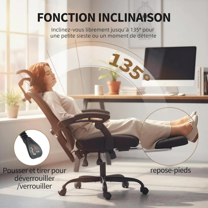 HOMCOM Chaise bureau ergonomique, fauteuil de bureau en maille avec appuie-tête réglable, support lombaire, 64x64x124cm, noir