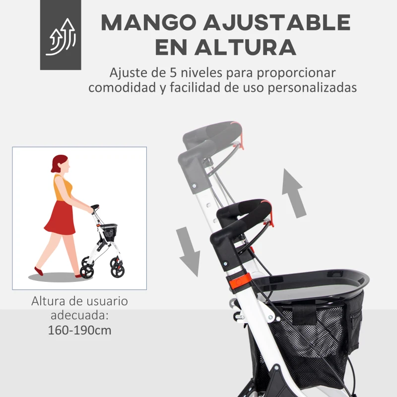 HOMCOM Andador para Personas Mayores Plegable de Aluminio con 4 Ruedas Bandeja Altura Ajustable Frenos de Maneta Blanco