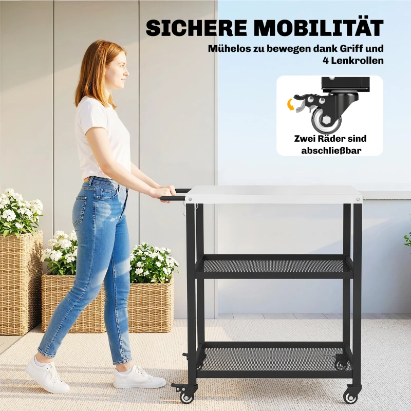 Outsunny Grillwagen 3-laags serveerwagen met verstelbaar werkblad, planken, haken en wielen 77 x 51 x 80 cm Zwart