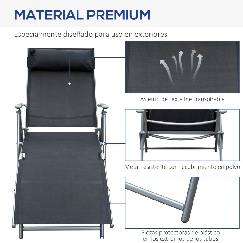 Outsunny Tumbona de Jardín Plegable con Respaldo Ajustable en 7 Niveles Almohada y Reposabrazos 137x63,5x100,5 cm Negro