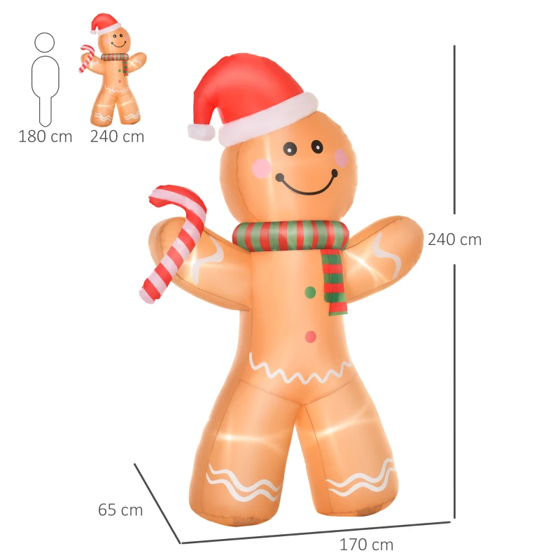 HOMCOM Opblaasbare peperkoekman kerstversiering 2,4 m met lampjes polyester