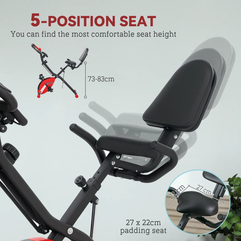 SPORTNOW Five-in-one Foldable Exercise Bike, Stationary Bike with Arm Workout Bands, LDC Monitor, Phone Holder, Red