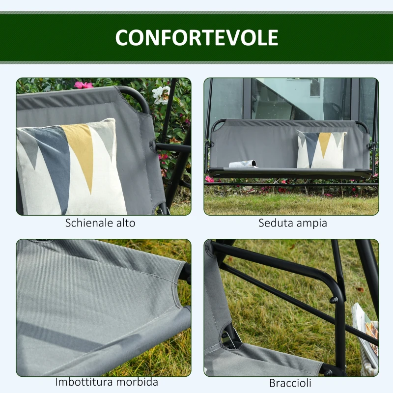 Outsunny Dondolo 3 Posti con Tettuccio Inclinabile e Cuscini, in Acciaio e Poliestere, 172x110x153 cm, Grigio