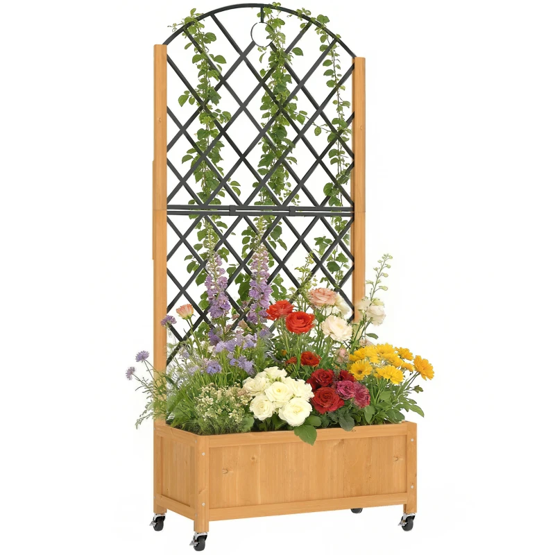 Outsunny Verhoogde plantenbak met metalen gaas, houten plantenbak op wielen, outdoor plantenbak, bruin