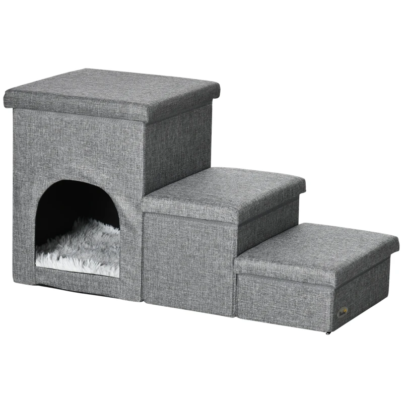 PawHut Huisdierentrap met huisdierbed, inclusief verborgen opbergruimte, 73,5 cm x 33 cm x 40,5 cm, lichtgrijs