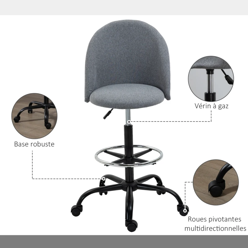 Vinsetto Lot de 2 chaises de bureau fauteuil de bureauassise haute réglable 105-125H cm tabouret de bureau pivotant 360° lin gris