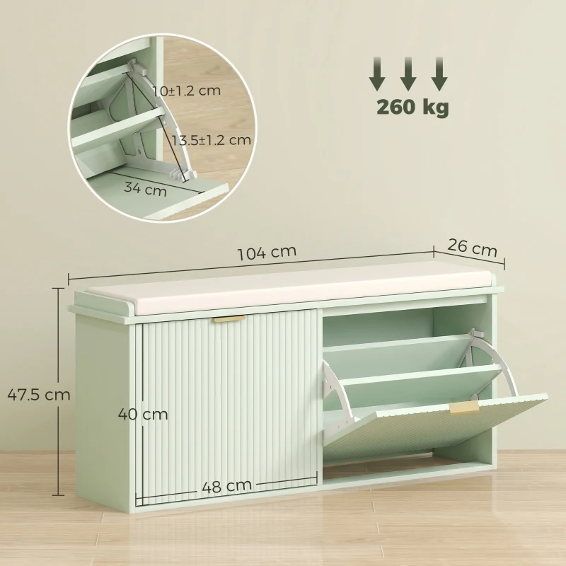 HOMCOM Bancă pentru pantofi cu pernă de șezut căptușită și sertar rabatabil pentru hol, dormitor, 104 x 26 x 47,5 cm, verde
