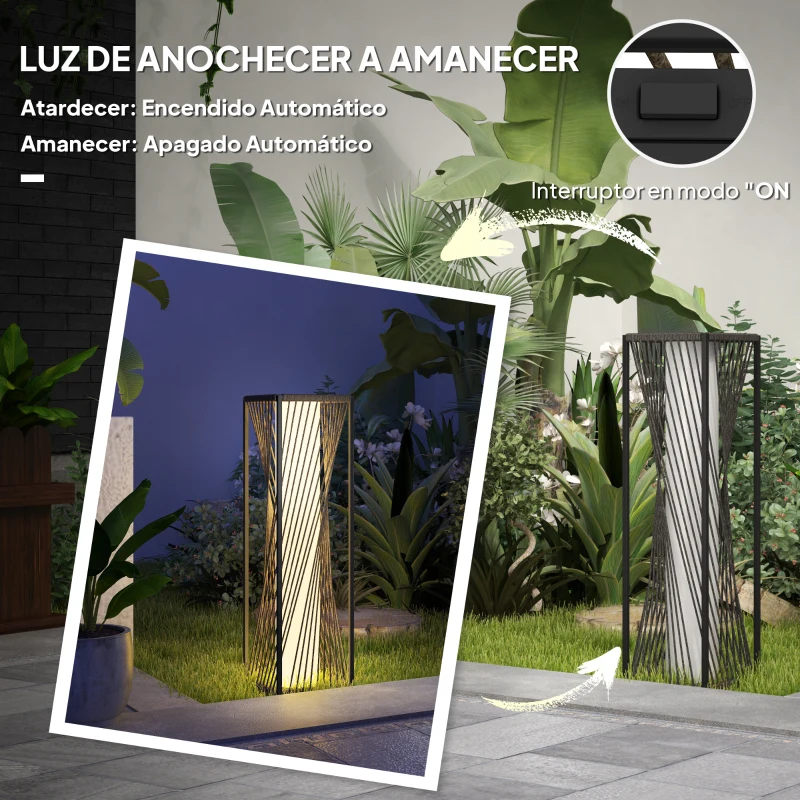 Outsunny Lámpara de Jardín de Ratán Sintético con Luces LED Encendido y Apagado Automático Impermeable 22x22x77 cm Gris