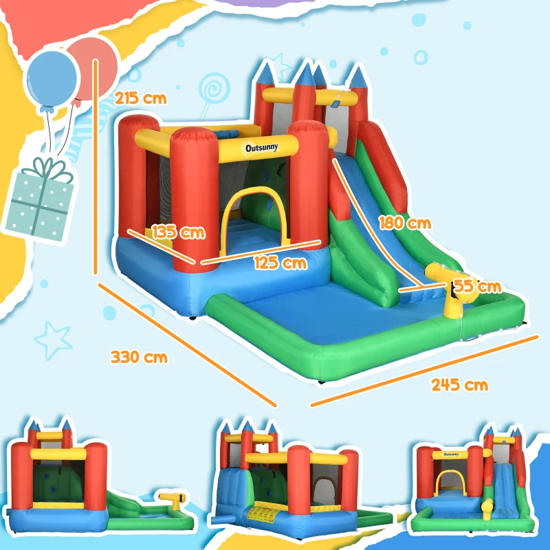 Outsunny Kids Inflatable Bouncy Castle Water Slide 5 in 1 Bounce House Jumping Castle Water Pool Gun Climbing Wall with Air Blower for Summer Playland