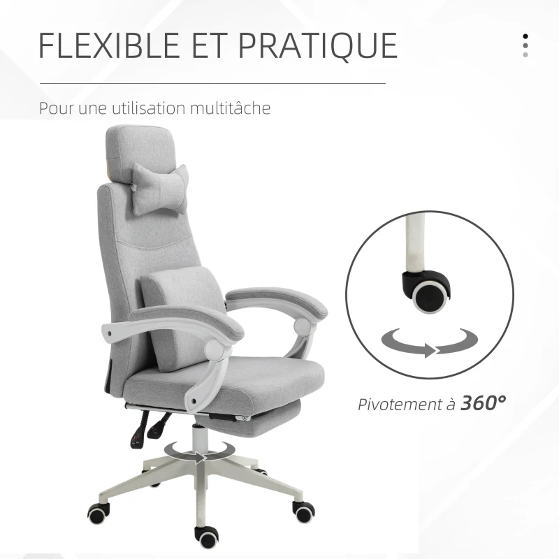 Vinsetto Fauteuil de bureau chaise de bureau grand confort dossier réglable repose-pied roulettes 360° lin 62 x 68 x 127 cm gris