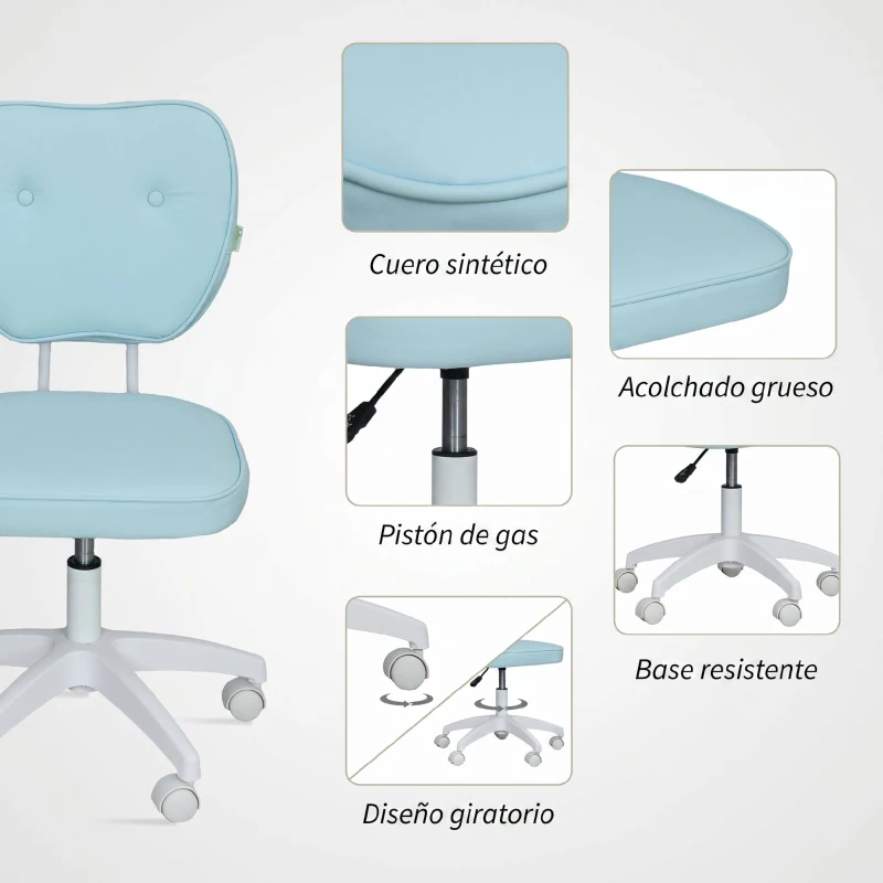 Vinsetto Silla de Oficina Giratoria Tapizada en PU con Altura Ajustable Sin Brazos Carga 120 kg 46x59x82-92 cm Azul Claro
