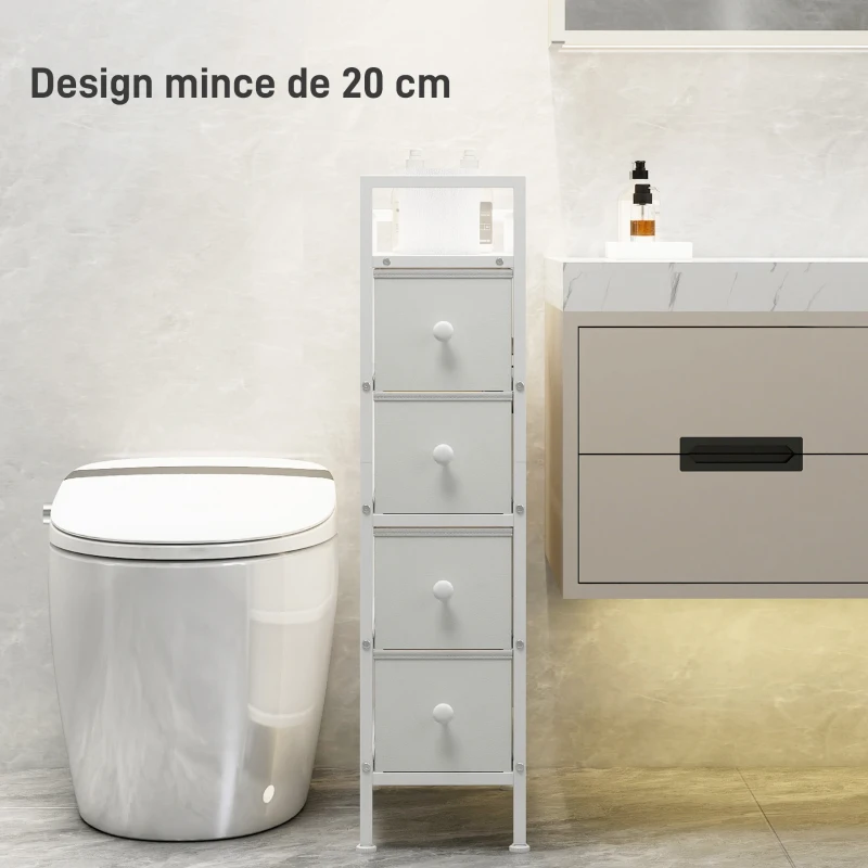HOMCOM Commode 4 Tiroirs Pliables en Tissu, Meuble de Rangement Étroit, Style Moderne, Cadre en Acier, 20 x 43 x 81,5 cm Blanc
