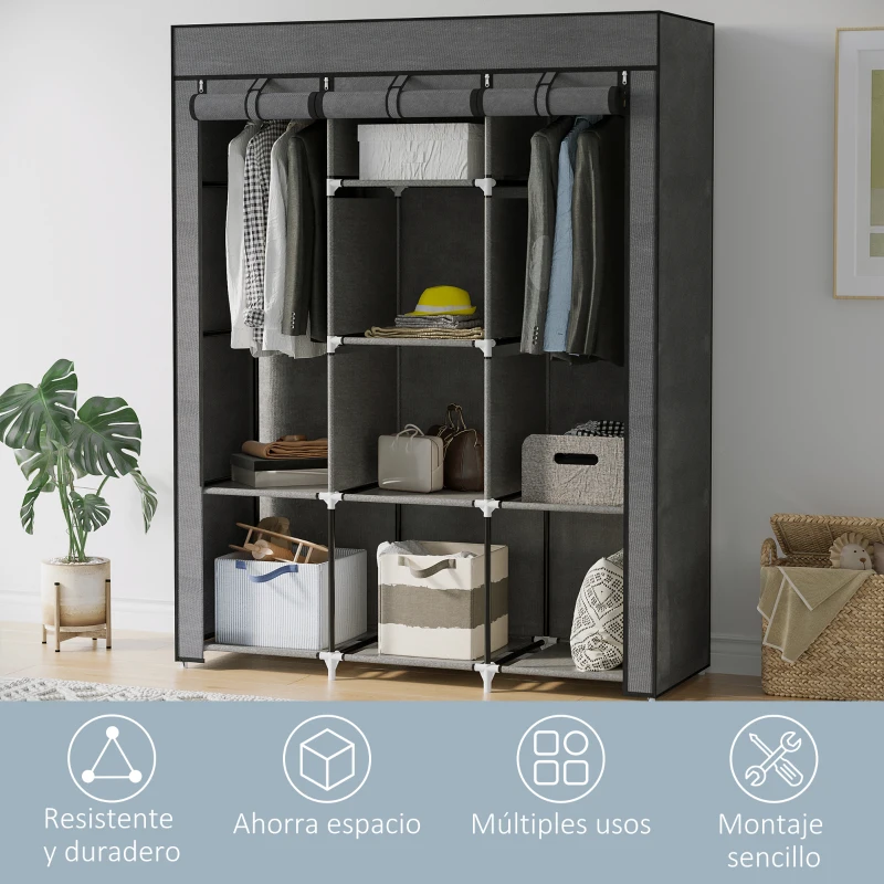 HOMCOM Armario de Tela Plegable Ropero Portátil con 8 Estantes y 2 Barras de Colgar para Dormitorio 125x43x162,5 cm Gris