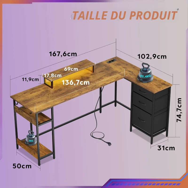 Bureau d'angle en L, LED pilotable via application et station d'alimentation intégrée, 167,5x50x87,5 cm, marron