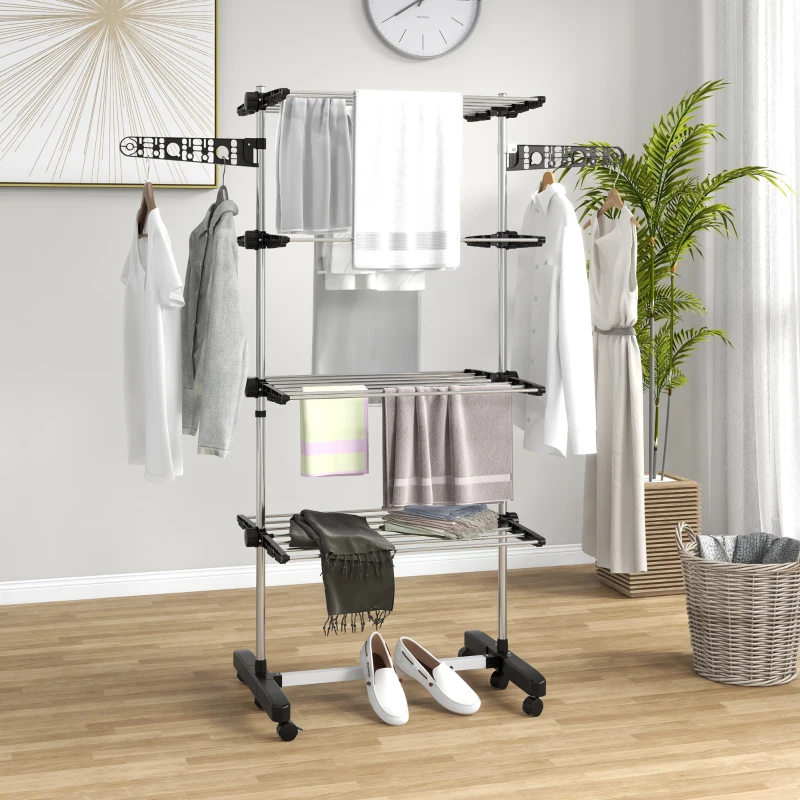 HOMCOM Wasrek wasdroger 5 niveaus, inklapbaar, One-Click-systeem, 142 cm x 55 cm x1 72 cm, Zwart + Zilver(m-2)
