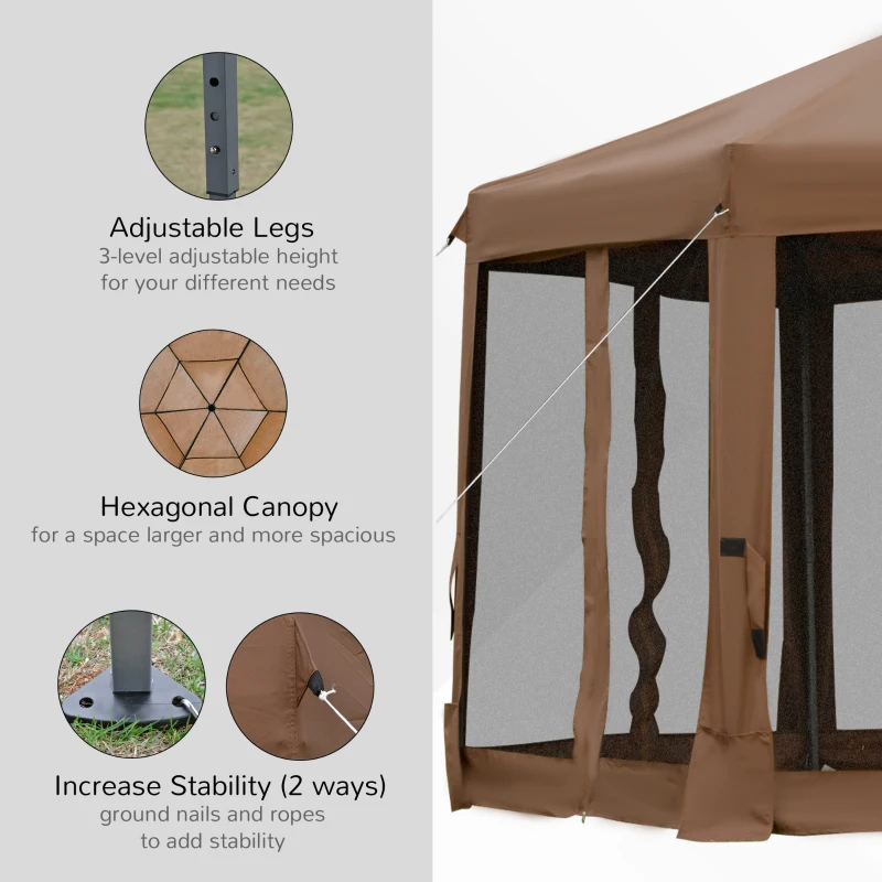 Outsunny 3.2m Pop Up Gazebo Hexagonal Canopy Tent Outdoor Sun Protection with Mesh Sidewalls, Handy Bag, Brown