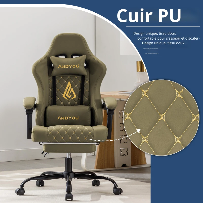 Chaise gaming ergonomique, réglable style racing, assise 100% en mousse à mémoire de forme, coussins appui-tête et lombaires, 60x60x122 cm, Vert
