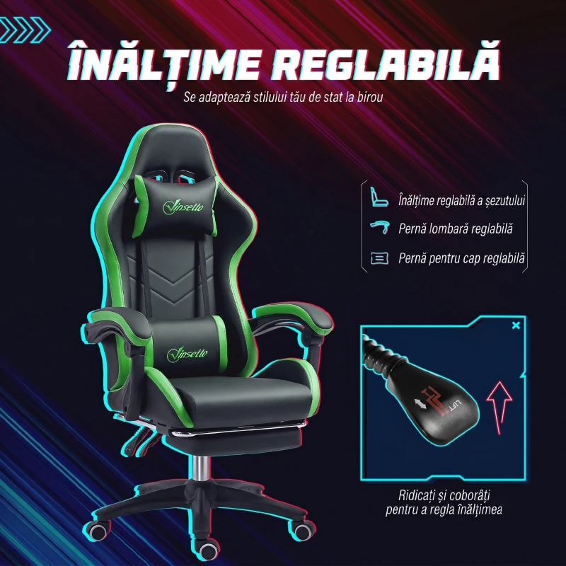 Vinsetto Scaun de Gaming cu Înălțime Reglabilă și Spătar Rabatabil, 65x65x121-129 cm, Negru și Verde