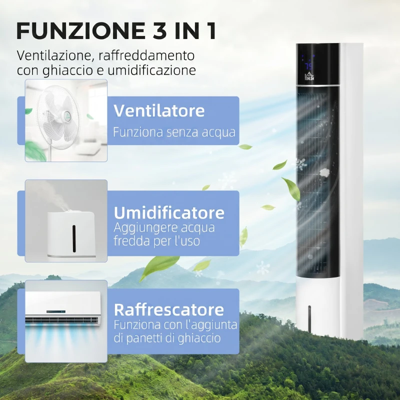 HOMCOM Ventilatore Raffrescatore Evaporativo 3 Modalità e 3 Velocità, Timer, Oscillazione e Telecomando, Bianco