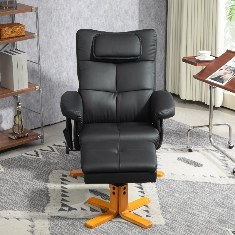 HOMCOM Relaxfauteuil met voetenbank, 360° draaibare loungestoel met kneed- en vibratiemassage, ligfunctie, massagestoel met USB- en USB-C-aansluitingen, zijvak, kunstleer zwart