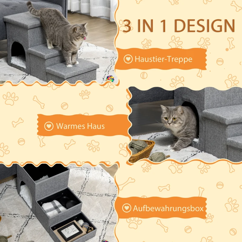 PawHut Huisdierentrap met huisdierbed, inclusief verborgen opbergruimte, 73,5 cm x 33 cm x 40,5 cm, lichtgrijs