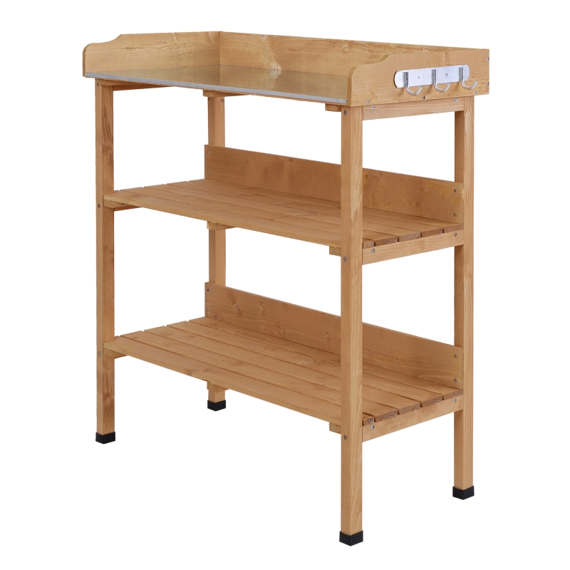 Outsunny Mesa de Jardinería de Madera con Superficie Metálica Estantes y Ganchos para Jardín Terraza 76x37x89 cm Natural