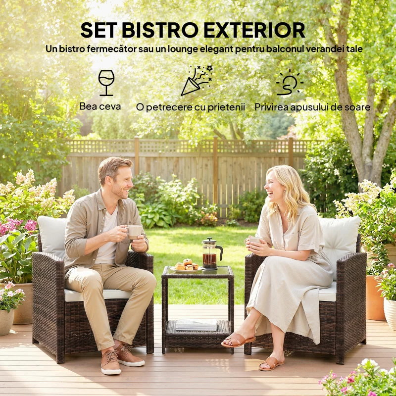 Outsunny Set Bistro pentru Exterior 3 Piese din Ratan cu Măsuță pe 2 Niveluri, Perne pentru Balcon și Terasă, Maro și Crem