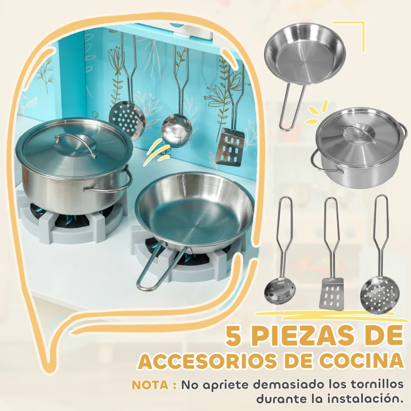AIYAPLAY Cocina de Madera Infantil con Sonido Fogón Horno Grifo Fregadero Microondas Lavadora Máquina de Hielo Azul