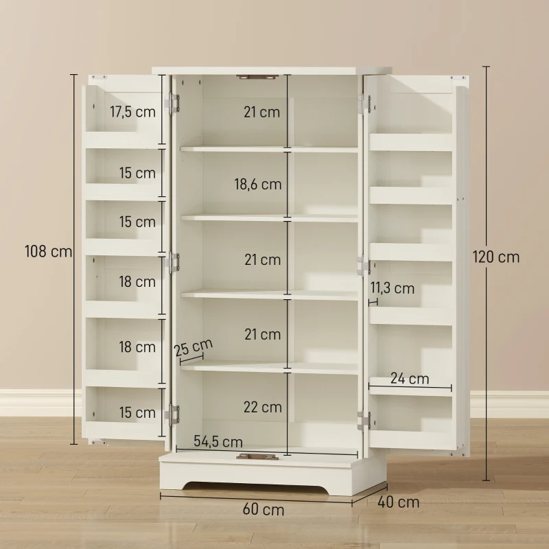 HOMCOM Armário Despenseiro de Cozinha com 2 Portas, 16 Prateleiras e Prateleira Ajustável para Sala de Jantar e Sala de Estar, 60x40x120 cm, Creme