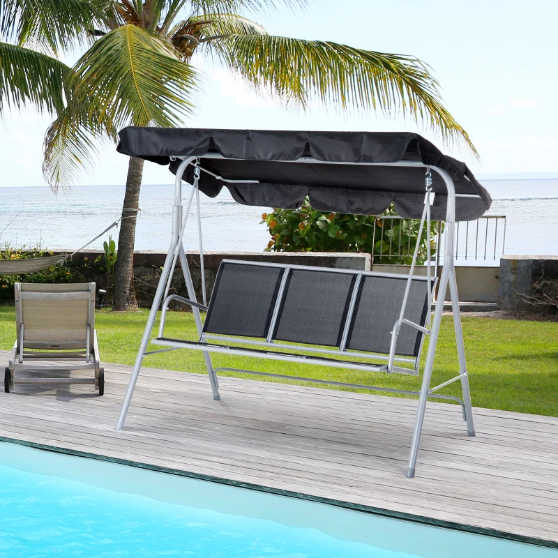 Outsunny Columpio Jardín Exterior Balancín Jardín Exterior de 3 Plazas con Toldo Ajustable Respaldo Transpirable y Marco de Metal para Terraza Balcón Carga 240 kg 171x108x150 cm Negro