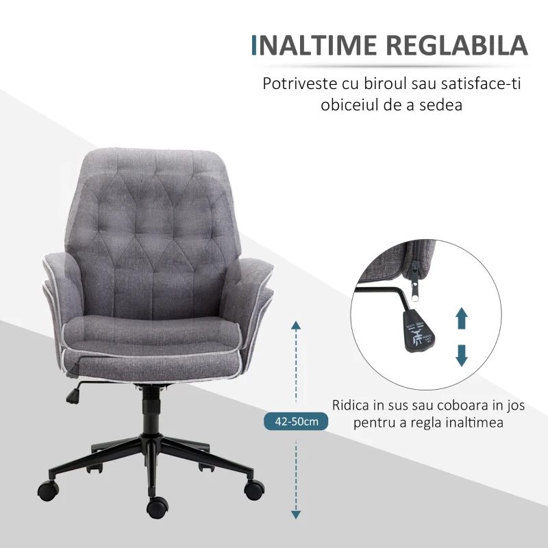 HOMCOM Scaun de birou tapițat, reglabil pe înălțime, din material textil cu aspect de in, 66x69x89.5-97 cm, gri