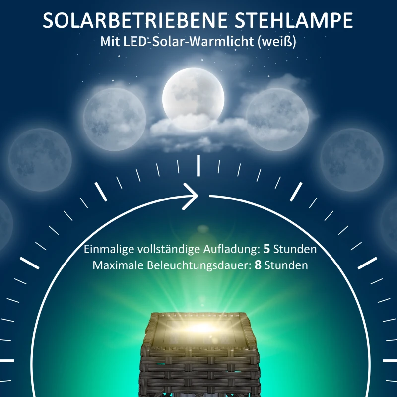 Outsunny Rieten Buitenlamp, Zonne Tuinlamp, Automatische Aan/Uit, LED, Weerbestendig, Metalen Frame, 20 x 20 x 68cm, Grijs