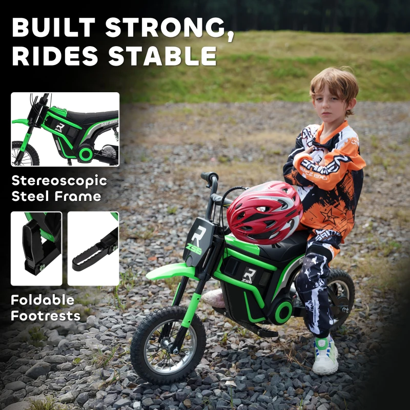 HOMCOM 24V Electric Motorbike with Twist Grip Throttle, Music, Horn, 12" Pneumatic Tyres, 16km/h Max Speed - Green