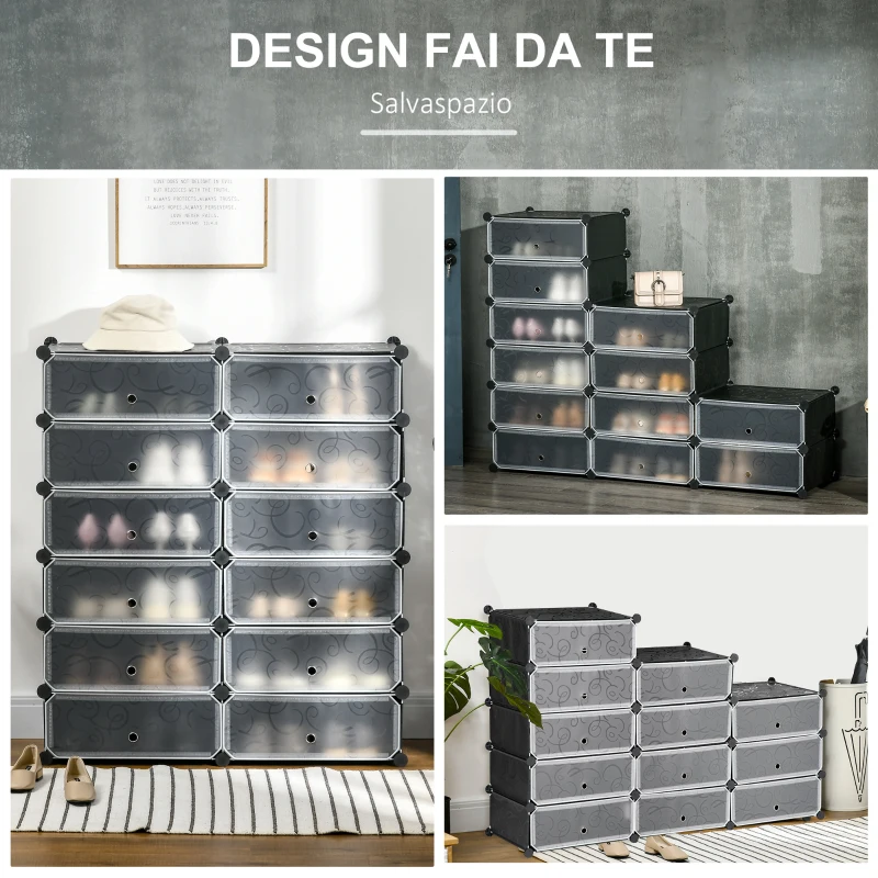 HOMCOM Mobile Scarpiera Modulare Salvaspazio, 12 Cubi 45x35x16 cm in Acciaio e PP, Nero e Bianco