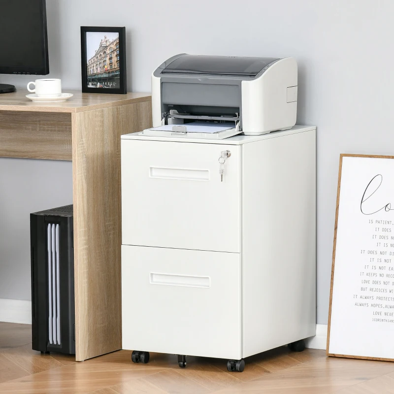 Vinsetto Cassettiera Ufficio con Ruote, Schedario Portadocumenti a 2 Cassetti con Serratura e 2 Chiavi in Acciaio, 39x48x67cm, Bianco