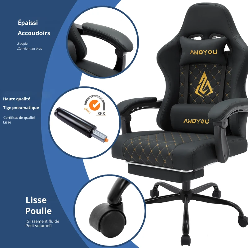 Fauteuil gamer avec repose-pieds, coussin doux pour la nuque et les lombaires, coussin de soutien amovible, 60x60x122 cm, Noir