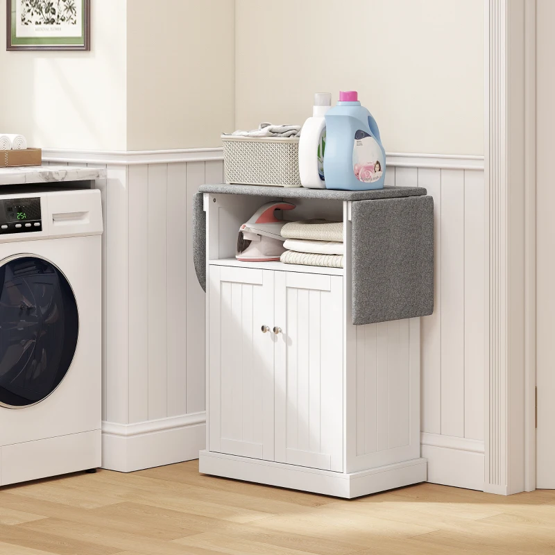 HOMCOM Ironing Board Cabinet on Wheels with Foldable Top, Mobile Storage Cabinet with Ironing Board, Open Compartment, White