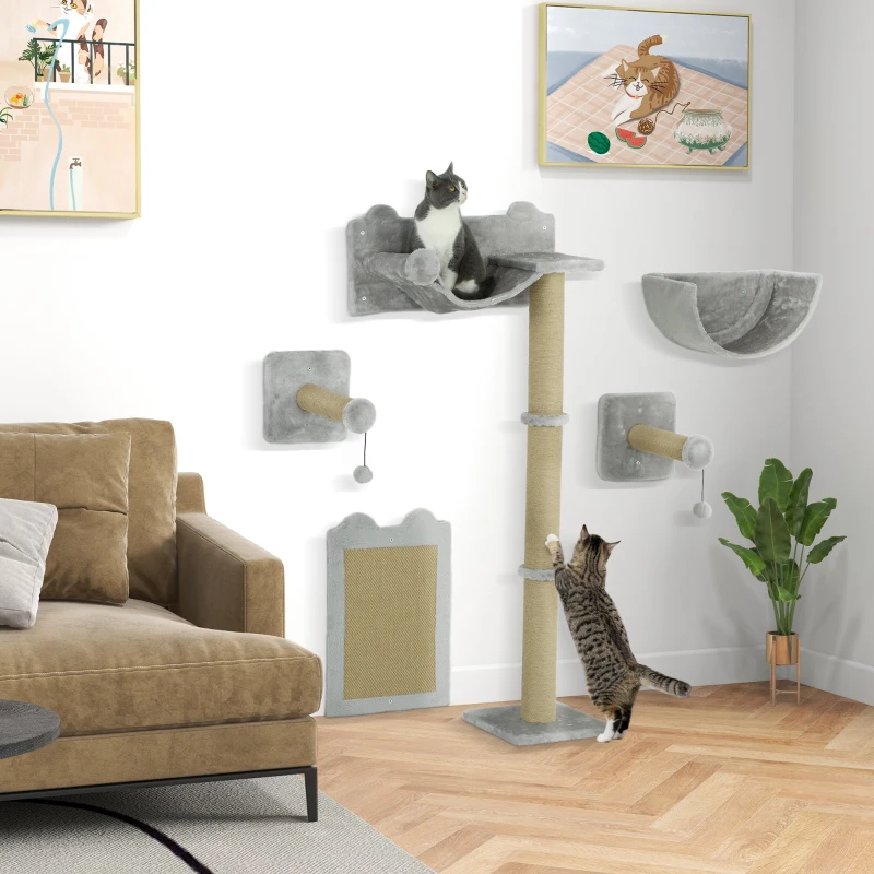 PawHut 5-delig wandgemonteerd klimset voor huiskatten met krabpalen, krabmat, kattenbed, speelballen, Lichtgrijs