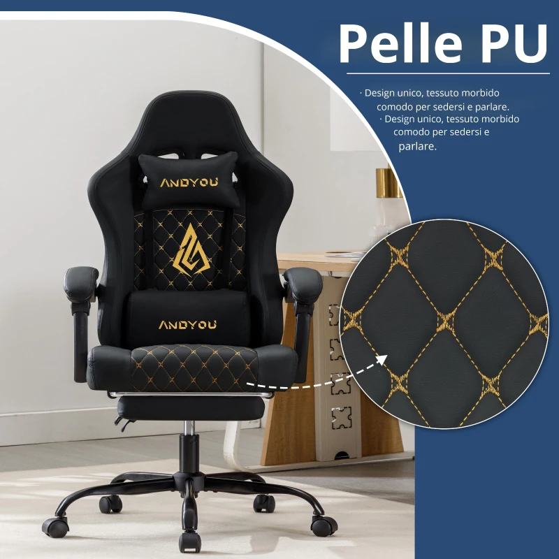 Sedia da gaming con poggiapiedi, morbido cuscino per collo e lombare, cuscini di supporto rimovibili, 60x60x122 cm, Nero