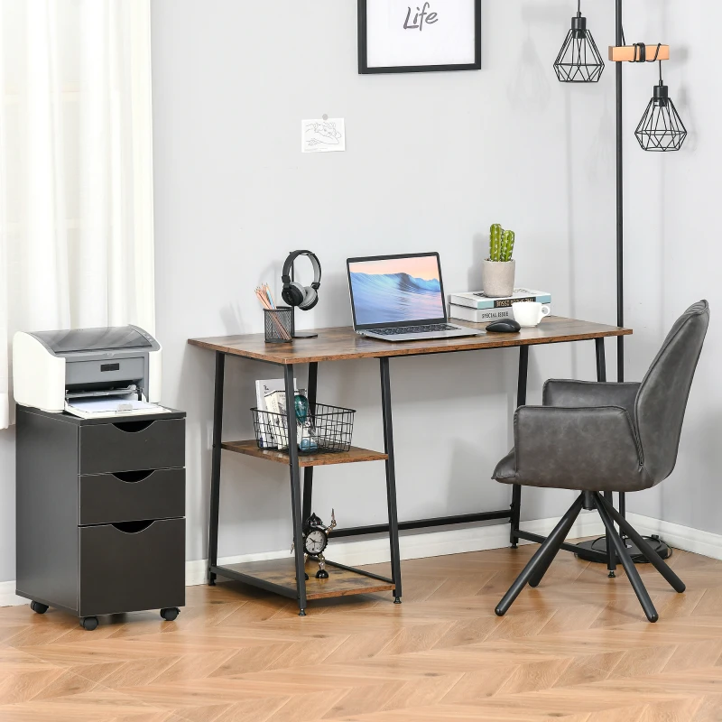 HOMCOM Bureau Informatique Design Industriel 2 étagères Panneaux Particules Aspect Vieux Bois Acier Noir