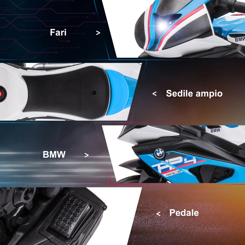 HOMCOM Moto per Bambini 18-60 Mesi Modello BMW HP4 con Fari, Musica e Pedali, in PP e Metallo, 82.5x42x54 cm, Blu