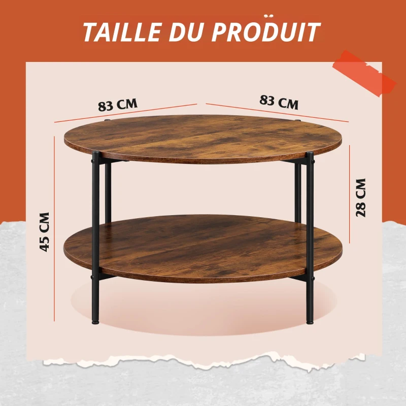 Table basse ronde à deux niveaux, ample espace de rangement, pieds réglables, 83x83x44,5 cm, marron