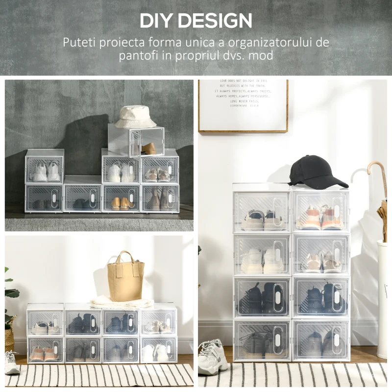HOMCOM Dulap Modular pentru Pantofi cu 8 Cuburi de Depozitare și Ușă Magnetică, din PP, 25x35x19 cm, Alb și Transparent