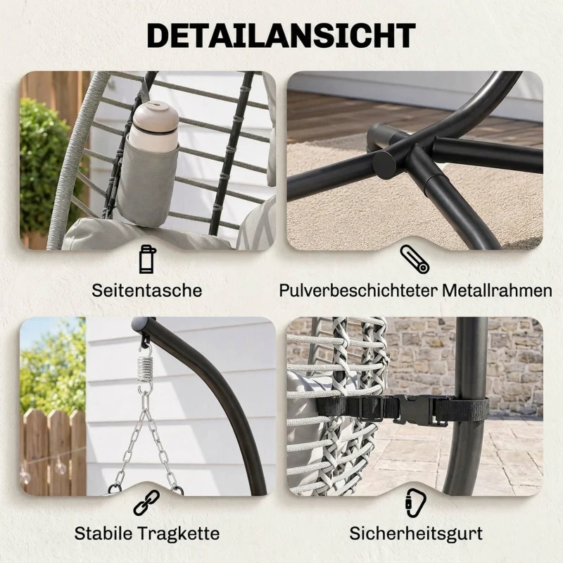 Outsunny Hangstoel, zit- en rugkussen, opvouwbare zitmand, bekerhouder, metalen frame, grijs