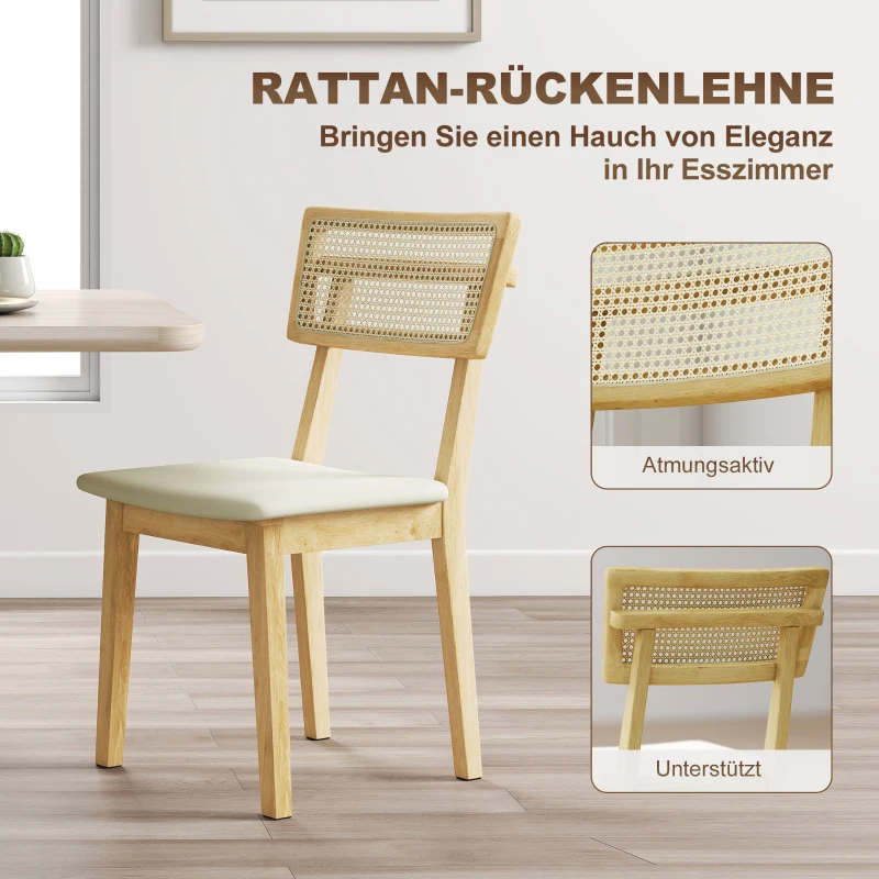 HOMCOM Eetkamerstoel met rotan rugleuning, kunstleren zitting en rubberhout, naturel